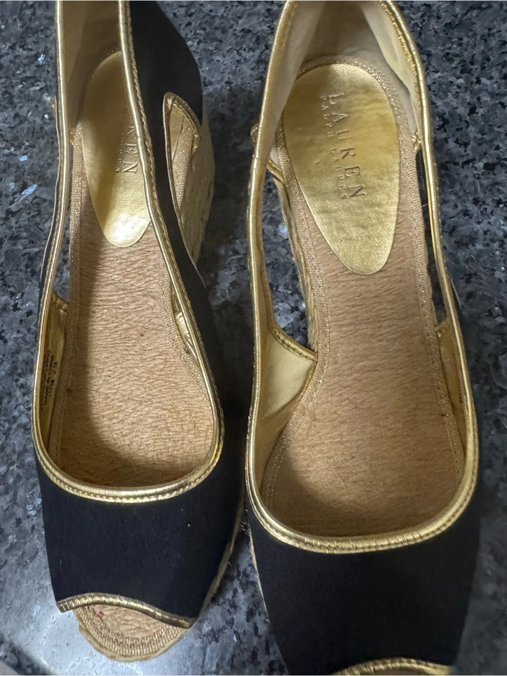 Ralph Lauren Black and Gold Peep-Toe Espadrille Flats